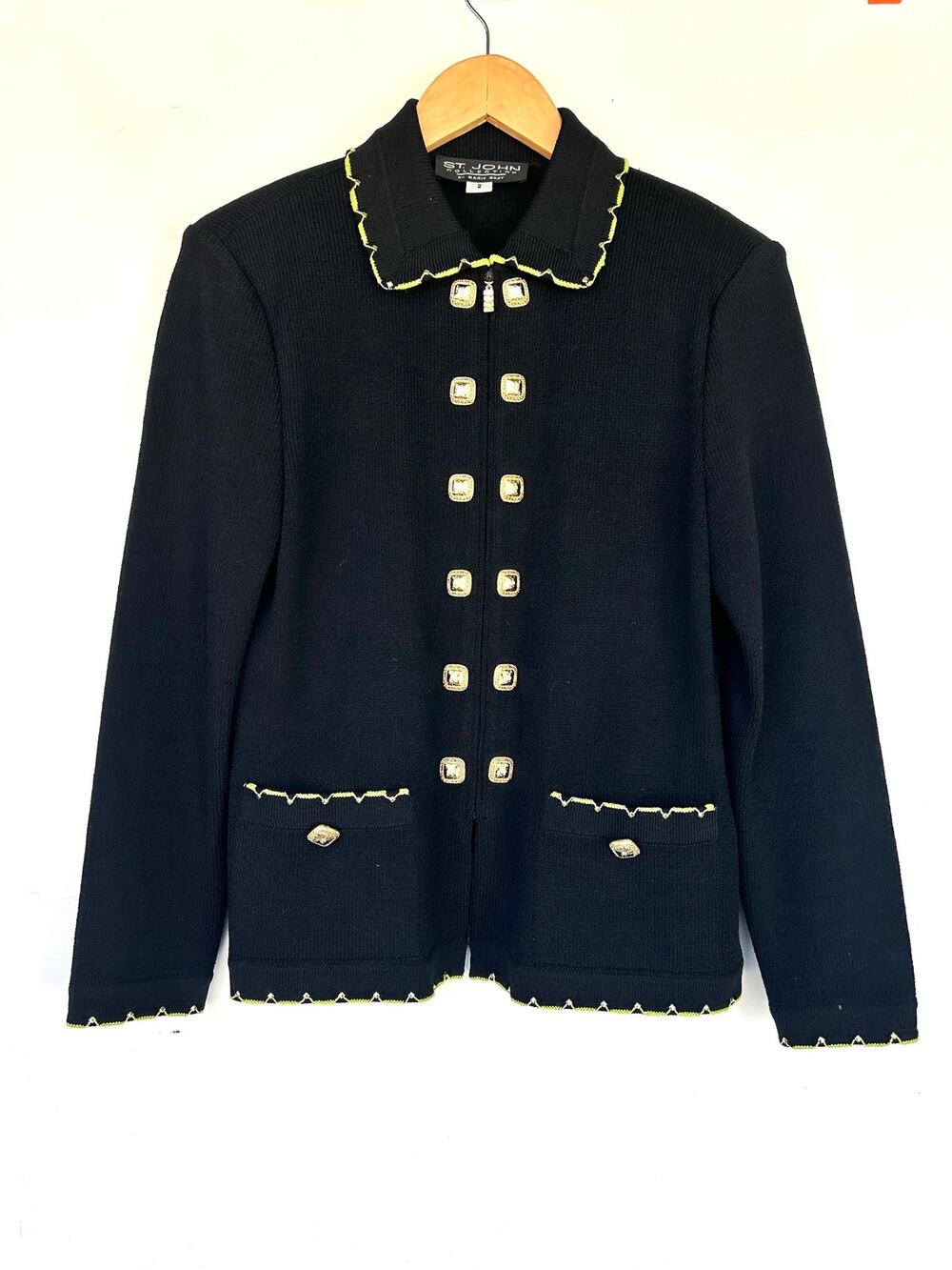 St. John Black Military Jacket Santana Knit Zip Gold Buttons Sweater Preppy 2